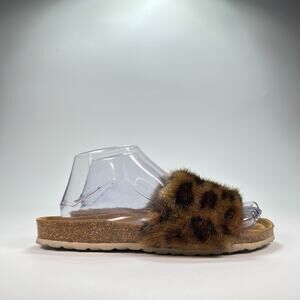 Bayton Brown Faux Fur Leopard Print Slides Slip-On Cozy Sandals Women's Size 7